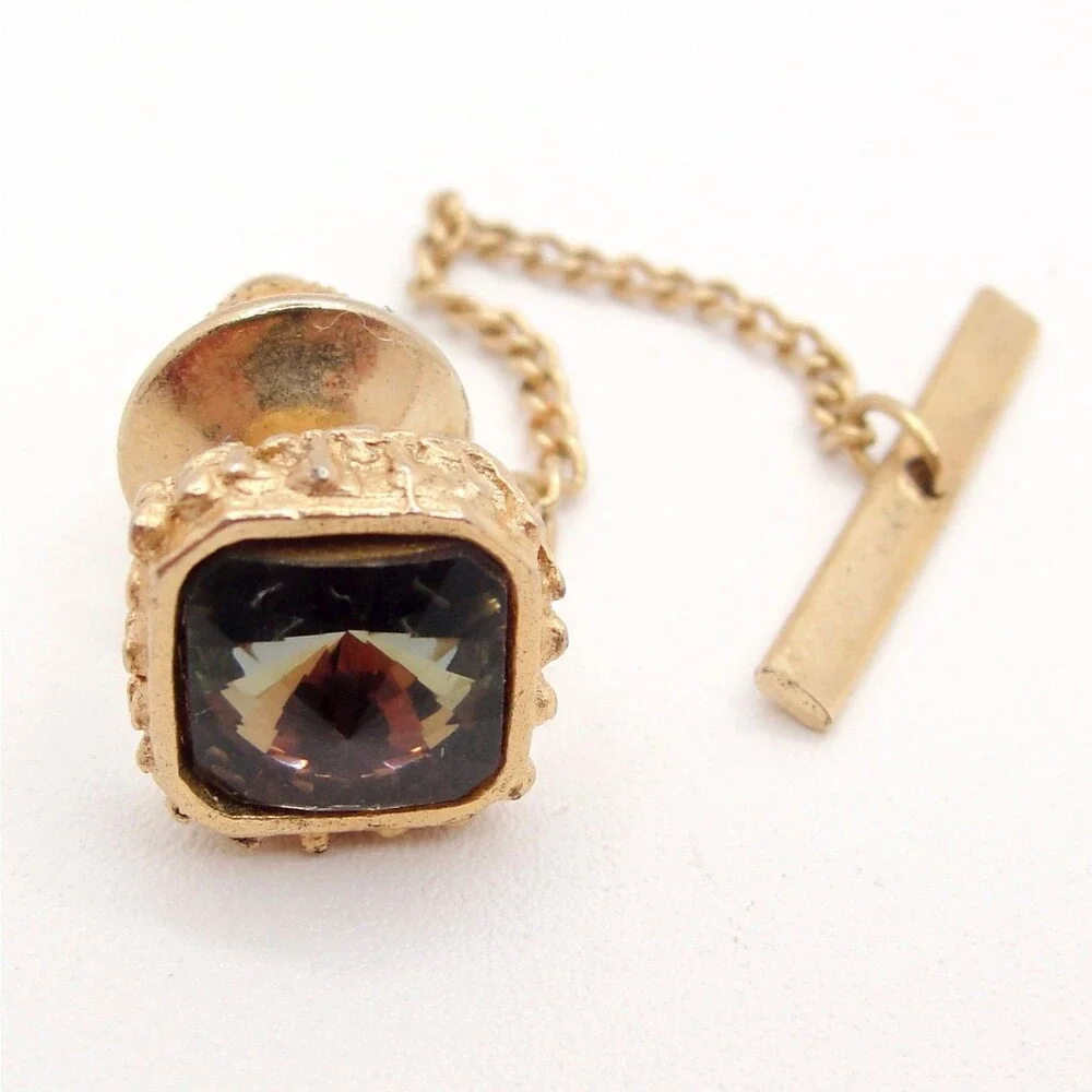 Vintage Gold Tone Square Smoky Crystal Rhinestone Tie Tac Pin Chain Wedding